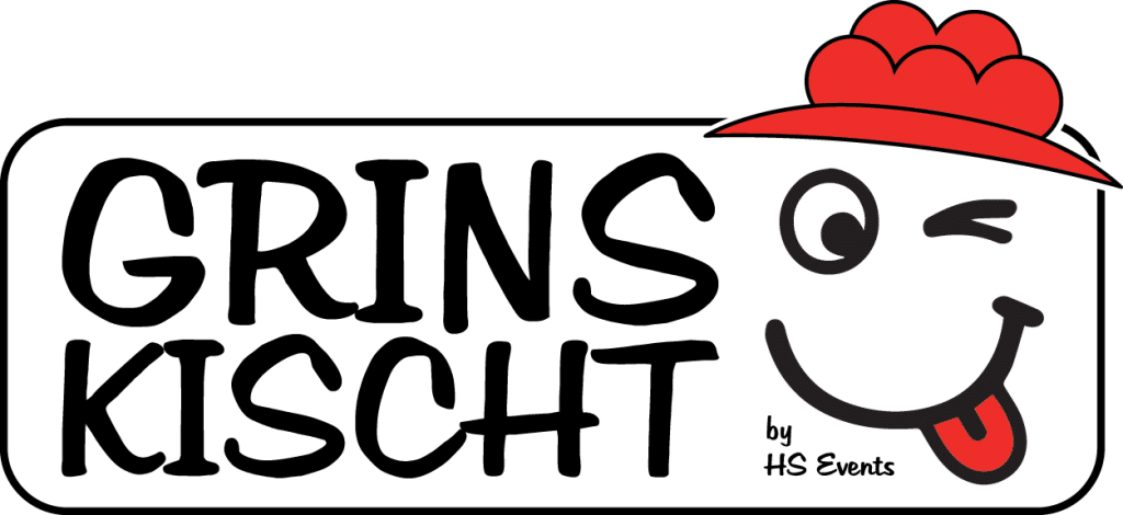 Logo von Grins Kischt mit verspieltem, fettem Text und einem zwinkernden und lächelnden Cartoon-Gesicht. Das Gesicht trägt eine rote Kochmütze. Der Text von HS Events ist in kleinerer Schrift geschrieben.